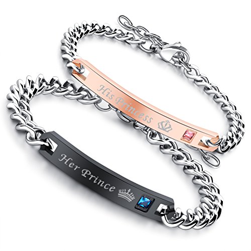 Flongo Paar Armbänder Ein Paar Edelstahl-Armbänder mit Zirkonia Textgravur Liebesschwüre Rose gold + schwarz Partnerarmbänder love-Schmuck Geschenke für Valentinstag Geburtstage Jahrestage von Flongo