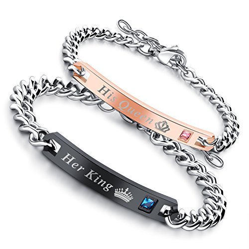 Flongo Paar Armbänder EIN Paar Edelstahl-Armbänder mit Zirkonia Textgravur Liebesschwüre Rose Gold + schwarz Partnerarmbänder Love-Schmuck Geschenke für Valentinstag Geburtstage Jahrestage von Flongo