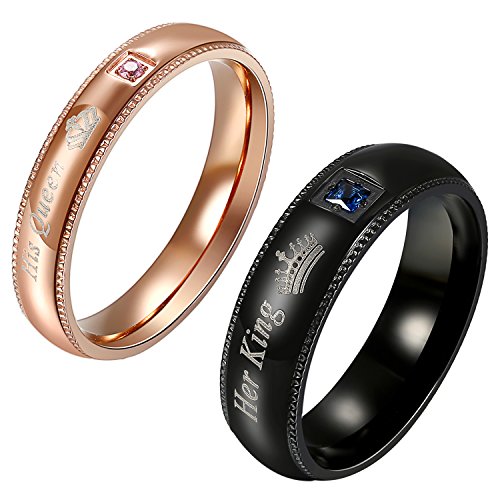 Flongo 2 Stück Partnerring Band Paare Ring His Queen, Her King Krone Gravur Zirkonia Schwarz Rose Gold Valentine Valentinstag Lieben Paar Hochzeit Engagement Verlobungsringe Herren, Damen von Flongo