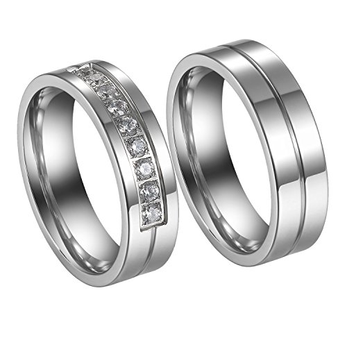 Flongo 2 Stück Edelstahl Ring Partnerringe Freundschaftsringe CZ Zirkon Zirkonia Band Bandring Valentine Lieben Paar Engagement Verlobungsringe Hochzeit Herren, Damen von Flongo