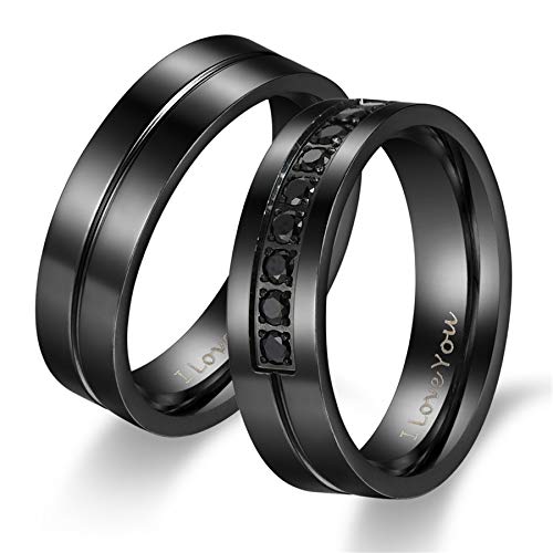 Flongo 2 Stück Ehering Band Ring Partnerring mit I Love You Gravur Zirkonia Schwarz Valentine Valentinstag Lieben Paar Hochzeit Engagement Verlobungsringe Herren, Damen von Flongo