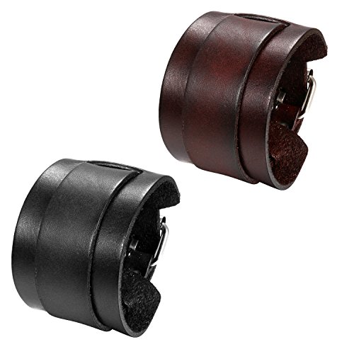 Flongo 2 Stück Herren Lederarmband, Groß Breite Leder Echtleder Armband Armreif Manschette Gürtel Schwarz Braun Silber Punk Rock Biker Motorradfahrer Einstellbar Verstellbar Herren Accessoires von Flongo