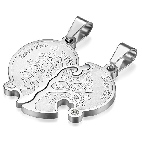 Flongo 2 Stück Partner Anhänger Halskette Set, Strass Edelstahl Kette Love You Gravur Baum des Lebens Tree of Life Herz Herzchen Puzzle Silber Partnerketten Lieben Herren,Damen Schmuckset von Flongo