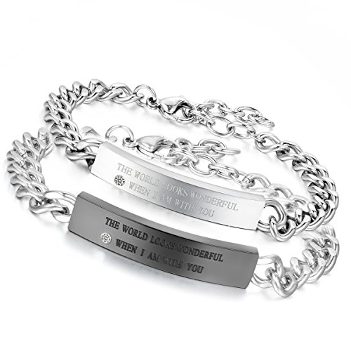 Flongo 2 Stück Partner Armband Freundschaftsarmbänder, The World Looks Wonderful When I Am with You Gravur Edelstahl Armband Armreifen Silber Schwarz Panzerkette Kette Partnerarmbänder Herren,Damen von Flongo