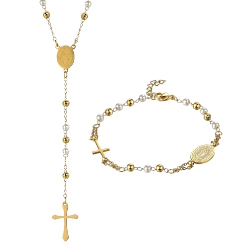 Flongo 2 Stücke Rosenkranz Armband Halskette: Schmuck Set mit Kreuz Anhänger Katholische Jungfrau Maria Gold Weiß Rosenkranz Edelstahl Verstellbares Armkette Kette Religiöser Schutz Virgin Mary von Flongo