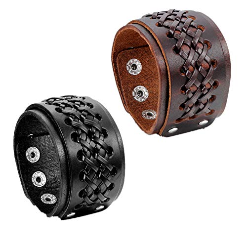 Flongo 2 Stückes Breit Legierung Leder Armband Armreif Manschette Schwarz Kaffee Silber Kreuz Geflochten Verstellbaren Motorradfahrer Punk Rock Herren von Flongo