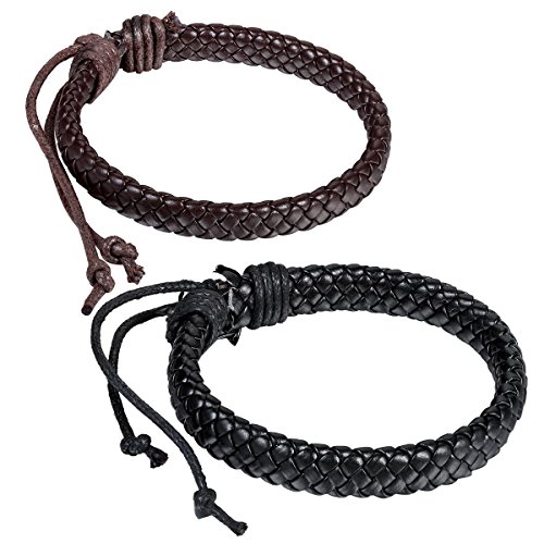 Flongo 2 Stückes Leder Armband Armreif Manschette Seil Schwarz Braun Kariert Geflochten Einfach Klassiker Verstellbaren Passen 8~11 Zoll Herren,Damen von Flongo