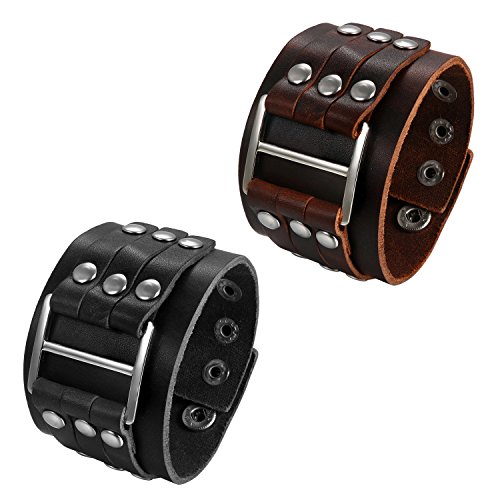 Flongo 2X Herren Lederarmband, Groß Breite Leder Echtleder Armband Armreif Manschette Schnalle Schwarz Braun Silber Punk Biker Motorradfahrer Wickel Einstellbar Verstellbar Herren Accessoires von Flongo