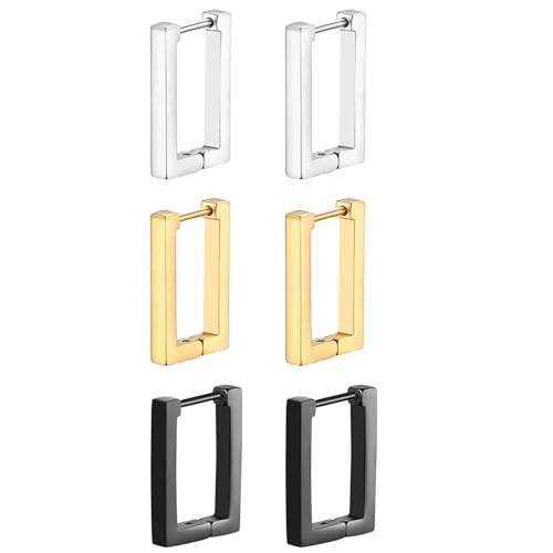 Flongo 3 Paar Rechteckig Creolen Ohrringe: Edelstahl Klobig Klein Quadratisch Huggie Creolen Geometrische Ohrringe Hypoallergen Ohrstecker für Herren Damen Schwarz Gold Silber von Flongo
