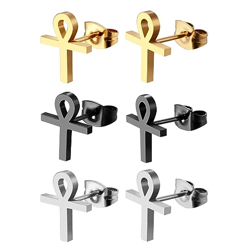 Flongo 3 Paare Ankh Kreuz Ohrstecker Set Ägyptischen Cross Ohrringe silber gold schwarz edelstahl ankh earrings Stecker Stud für Damen Herren mädchen von Flongo