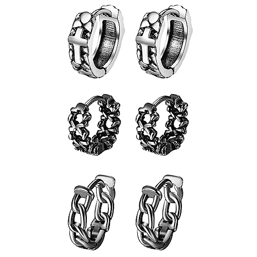 Flongo 3 Paare Damen Creolen Ohrringe Set silber mit Kreuz verdreht Knoten klein Hoop Huggie Ohrstecker Twist Knot Kette Gothic Ohrschmuck punk earrings für Herren Mädchen Frauen Edelstahl von Flongo