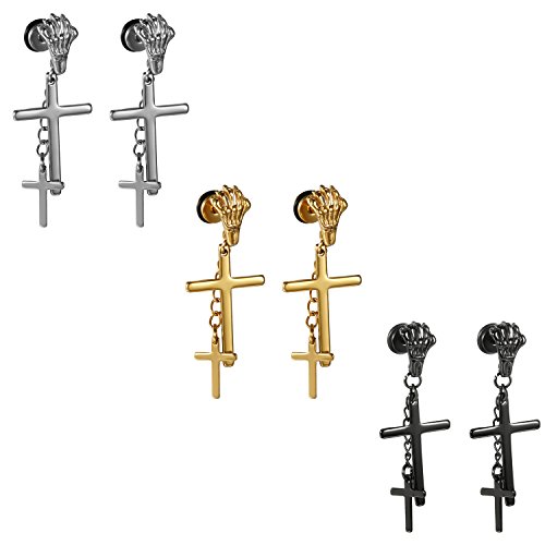 Flongo 3 Paare Damen Ohrringe Edelstahl Gummi fake tunnel Schraube Stecker mit Kreuz Kruzifix Kette Anhänger Ohrstecker Ohrhänger hängend Gotik Punk für Frauen Männer Herren schwarz silber gold Set von Flongo