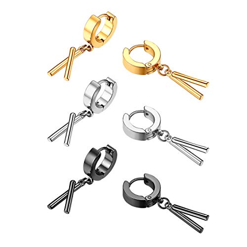 Flongo 3 Paare Damen Ohrringe Set Edelstahl Creolon Stecker Gestüt mit Kreuz Kruzifix Kette Anhänger Ohrstecker Ohrhänger hängend Gotik Punk für Frauen Männer Herren schwarz silber gold Set von Flongo