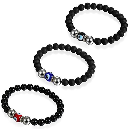 Flongo Partnerarmband BFF Ketten Freundschaftsarmband für 3 Paar Armband Armreif Armkette Perlenarmband Schwarz Rot Blau Böse Evil Teufel Eye Auge Gebet Mala Kugel Perle Perlen Herren,Damen von Flongo