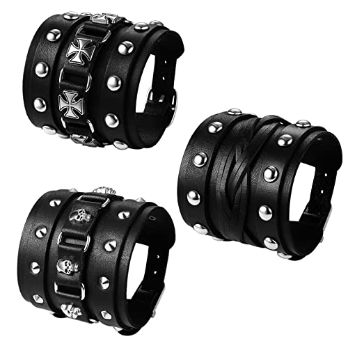 Flongo 3 Stück Lederarmband Set Herren Breites Leder Manschette Armband mit Nieten Eisernern Kreuz Schädel Totenkopf Punk Biker Gotik Geflochten Armreif mit Schnalle Schließe Verstellbar schwarz von Flongo