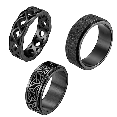 Flongo 3 Stücke Fidget Ringe Set breit 8mm Edelstahl mit keltische Knot drehbar Spinner Ring Anti Angst Bandring Wikinger Zappelring Geschenk für Freund Damen Herren Fingerring schwarz von Flongo