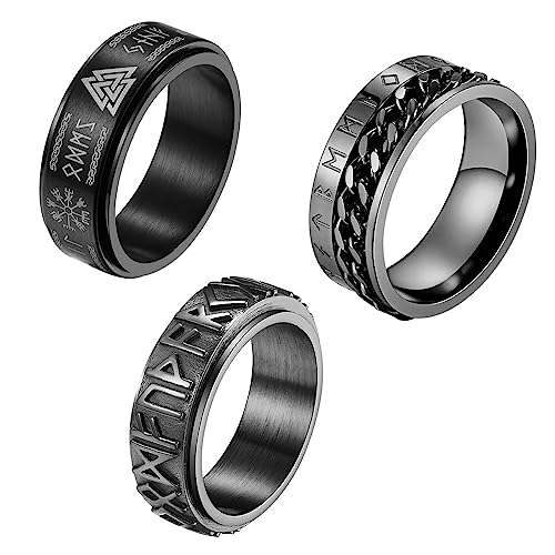 Flongo 3 Stücke Runenringe Set Fidget Ring 8mm Edelstahl drehbar Spinning Bandring Anti Angst Ringe mit Kubanischer Kette Punk Wikinger Zappelring für Damen Herren Fingerring zu Geburtstag schwarz von Flongo