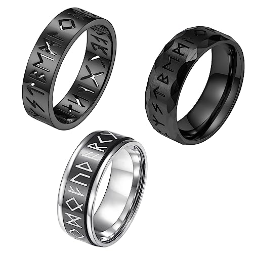 Flongo 3 Stücke Runenringe Set Fidget Ring 8mm Edelstahl drehbar spinner Bandring Anti Angst ringe mit Gravur punk Wikinger Zappelring für Damen Herren Fingerring zu Geburtstag schwarz von Flongo