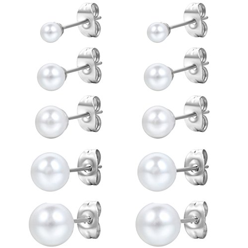 Flongo Damen Perlen Ohrringe Ohrstecker 4~8mm 10 Stück Edelstahl Gestüt Stecker Ohrringe Ohrstecker Ohrhänger Silber Weiss Kugel Perle Perlen Charm Charme Elegant Set (5 Paar) Damen von Flongo