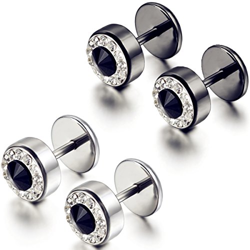 Flongo 4 PCS Edelstahl Gestüt Stecker Ohrringe Ohrstecker Ohrhänger Strass Silber Schwarz Rund Charms Elegant Set (2 Paar) Damen von Flongo