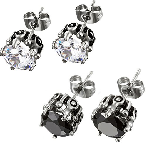 Flongo 4 PCS Edelstahl Ohrstecker Ohrringe Gestüt Stecker Ohrhänger Zirkonia Schwarz Weiß Silber Königliche König Krone (2 Paar) Retro Herren, Damen von Flongo