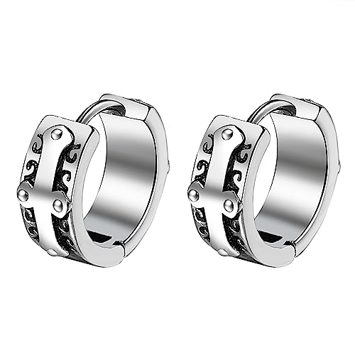 Flongo 4 Paare Damen Creolen Ohrringe Wikinger silber Huggie Ohrstecker Edelstahl mit Kreuz Cross Hoop Gothic Ohrschmuck punk earrings für Herren Frauen Mädchen Weihnachten von Flongo