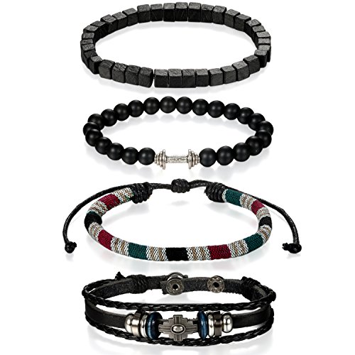 Flongo 4 Stück Leder Holz Armband Armreif Lederarmband Kordelkette Seil Schwarz Braun Mehrfarbig Geflochten Surfer Wickeln Motorradfahrer Verstellbar Einstellbar Herren,Damen Modell C von Flongo
