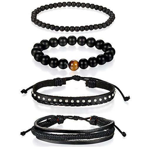 Flongo 4 Stück Leder Holz Armband Armreif Lederarmband Kordelkette Seil Schwarz Braun Mehrfarbig Geflochten Surfer Wickeln Motorradfahrer Verstellbar Einstellbar Herren,Damen Modell G von Flongo