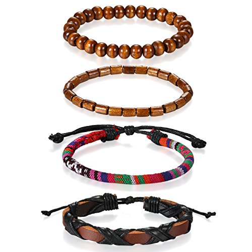 Flongo 4 Stück Leder Holz Armband Armreif Lederarmband Kordelkette Seil Schwarz Braun Mehrfarbig Geflochten Surfer Wickeln Motorradfahrer Verstellbar Einstellbar Herren,Damen Modell I von Flongo