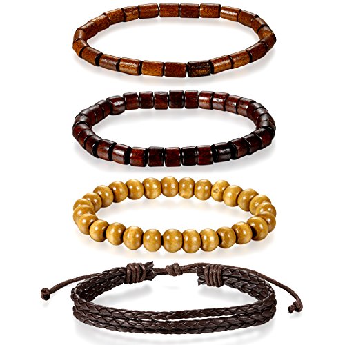 Flongo 4 Stück Leder Holz Armband Armreif Lederarmband Kordelkette Seil Schwarz Braun Mehrfarbig Geflochten Surfer Wickeln Motorradfahrer Verstellbar Einstellbar Herren,Damen Modell N von Flongo