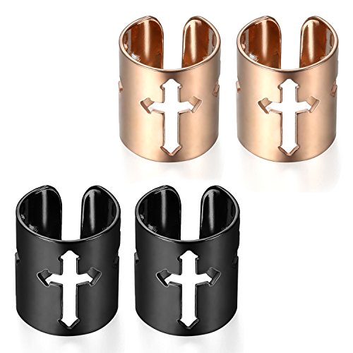 Flongo 4 Stück Ohr Klemme Ohrclips, Edelstahl Ohrringe Ohrstecker Ohrklemme Kein Loch Non Piercing Fake Ring Ohrpiercing Helix Cartilage Knorpel Piercing Hohl Kreuz Schwarz Rose Gold Herren, Damen von Flongo