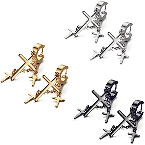 Flongo 3 Paare Damen Ohrringe Set Edelstahl Creolon Stecker Gestüt mit Kreuz Kruzifix Kette Anhänger Ohrstecker Ohrhänger hängend Gotik Punk für Frauen Männer Herren schwarz silber gold Set von Flongo