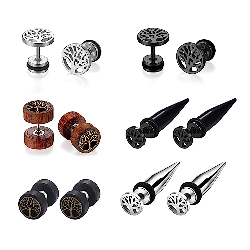 Flongo 6 Paar Lebensbaum Ohrringe Set Fake Tunnel 10mm Tapers 8mm aus chirurgisch Edelstahl Holz spike spitze Fake Plug Kegel punk Ohrstecker Gestüt Piercing für Damen Herren brauen silber schwarz von Flongo