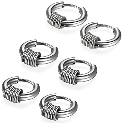 Flongo 6 Stück 13mm/15mm/17mm Edelstahl Gestüt Reifen Huggie Ohrringe Creolen Silber kleine Runden O-Ring Ringe Poliert Charme Charms Herren, Damen von Flongo