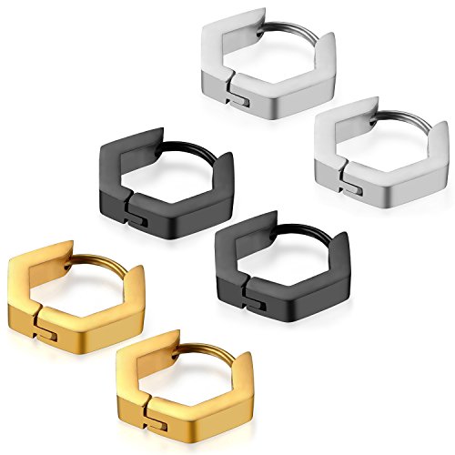 Flongo 6 Stück Edelstahl Creolen Gestüt Stecker Huggie Ohrringe Ohrstecker Ohrhänger Silber Schwarz Gold Sechseck Hexagon Charm Charme Herren, Damen Schmuckset von Flongo