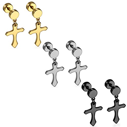 Flongo 3 Paare Kreuz Ohrhänger Set Edelstahl Ohrringe fake plug tunnel mit Kreuz Anhänger punk Ohrstecker für Damen Herren Geschenk gold silber schwarz von Flongo