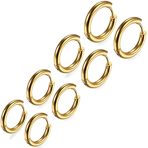 Flongo 8 Stück 18mm-24mm Edelstahl Ohrstecker Reifen Huggie Ohrringe Ohrschmuck Klapp Creolen Gold O-Ring Poliert Polished Einzigartig Herren, Damen Schmuckset von Flongo