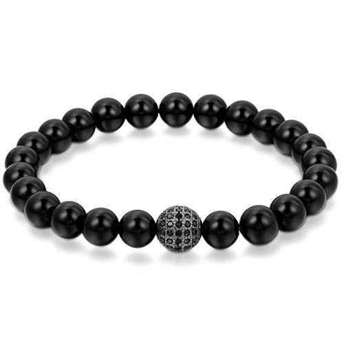 Flongo 8mm Metalllegierung Legierung Energiearmband Energie Armband Link Handgelenk EnergieStein Achat Onyx Zirkonia Schwarz Glück Feng Shui Kugel Gebet Mala Kugel Perle Perlen Herren,Damen von Flongo