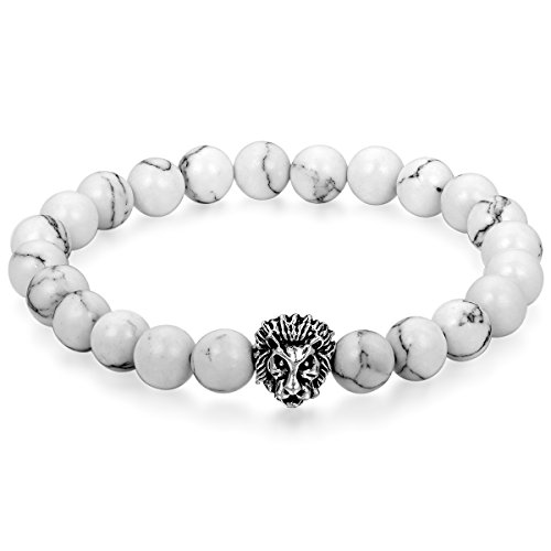 Flongo 8mm Metalllegierung Legierung Energiearmband Energie Armband Link Handgelenk EnergieStein Silber Weiss Howlite Türkis Löwe Kopf Gebet Mala Kugel Perle Perlen Elastisch Herren,Damen von Flongo
