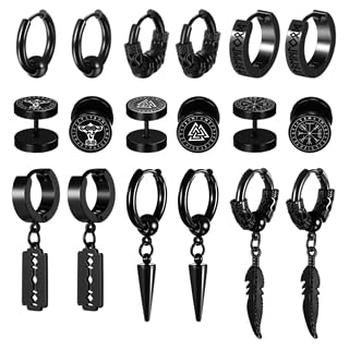 Flongo 9 Paar Wikinger Ohrringe für Männer: Edelstahl Nordische Runen Dreieck Kompass Ohrstecker Retro HipHop Punk Keltische Thors Hammer Huggie Creolen Ohrschmuck mit Federn Spikes Schwarz Set Flongo 9 Paar Wikinger Ohrringe für Männer: Edelstahl Nordische Runen Dreieck Kompass Ohrstecker Retro HipHop Punk Keltische Thors Hammer Huggie Creolen Ohrschmuck mit Federn Spikes Schwarz Set von Flongo