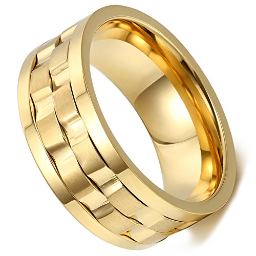 Flongo 9mm Edelstahl Ring Ringe Band Gold Golden Gravierte Gravur Welle Design Drehbar Charm Charme Elegant Herren, 65mm von Flongo
