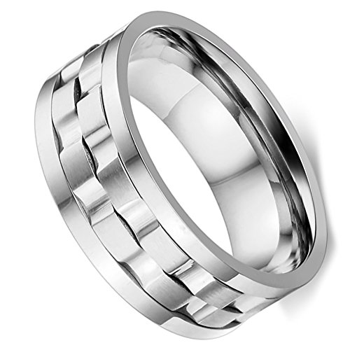 Flongo 9mm Edelstahl Ring Ringe Band Silber Gravierte Gravur Welle Design Drehbar Charm Charme Elegant Herren, 57mm von Flongo