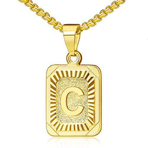 Flongo Anfangsbuchstabe A-Z Anhänger Halskette Frauen Kette Männer Anhänger Namen 26 Alphabete Großbuchstabe Dog Tag Gold Golden Damen Herren-Accessoires Buchstabe C von Flongo