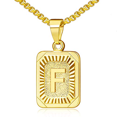 Flongo Anfangsbuchstabe A-Z Anhänger Halskette Frauen Kette Männer Anhänger Namen 26 Alphabete Großbuchstabe Dog Tag Gold Golden Damen Herren-Accessoires Buchstabe F von Flongo