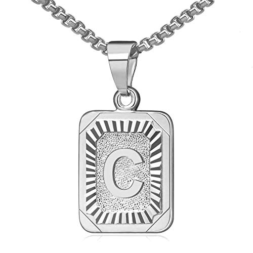 Flongo Anfangsbuchstabe A-Z Anhänger Halskette Frauen Kette Männer Anhänger Namen 26 Alphabete Großbuchstabe Dog Tag Silber Damen Herren-Accessoires Buchstabe C von Flongo