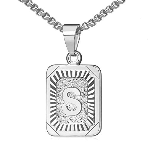 Flongo Anfangsbuchstabe A-Z Anhänger Halskette Frauen Kette Männer Anhänger Namen 26 Alphabete Großbuchstabe Dog Tag Silber Damen Herren-Accessoires Buchstabe S von Flongo
