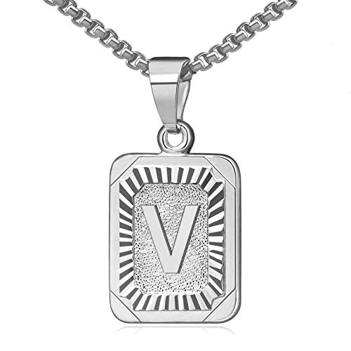 Flongo Anfangsbuchstabe A-Z Anhänger Halskette Frauen Kette Männer Anhänger Namen 26 Alphabete Großbuchstabe Dog Tag Silber Damen Herren-Accessoires Buchstabe V von Flongo