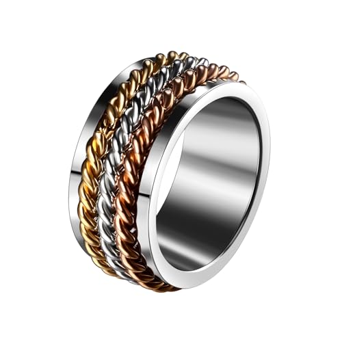 Flongo Anti Stress Ring für Damen: Dreifarbig Edelstahl Spinner Fingerring - Drehbar Angst Daumenring - Fidget Ring für Frauen - Beruhigung Schmuck gegen Nervosität - Größe 8 von Flongo
