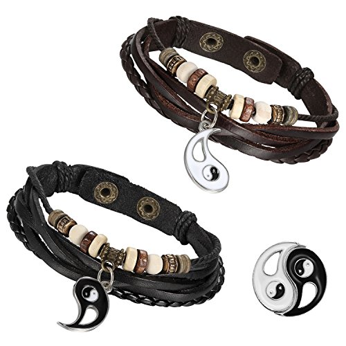 Flongo Freundschaftsarmbänder Lederarmband Partnerarmbänder Leder: Armbänder mit Yin Yang Anhänger schwarz braun breit Partner BFF Ehepaare Armband für Damen Herren von Flongo