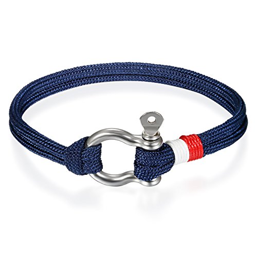 Flongo Armband Damenarmband Herrenarmband, Edelstahl Baumwollseil Hufeisen Schraube Fesseln Nautical Sailor Navy Marine Blau Silber Seil Wickeln Surfer Armband Damen Herren von Flongo